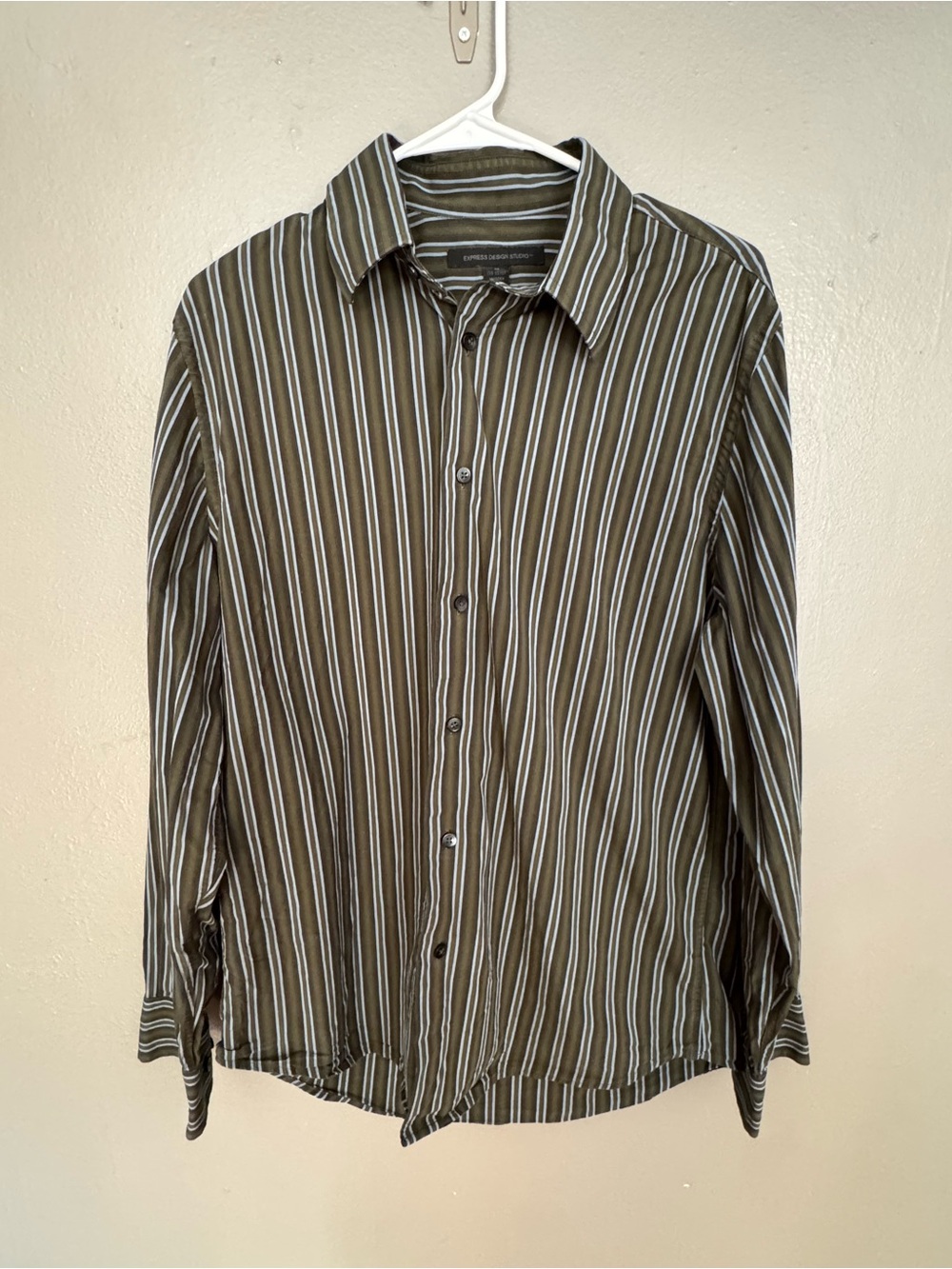 Express Olive Green Striped Long-Sleeve Dress Shirt